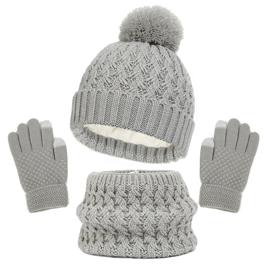 3Pcs/Set Winter Children Plush Ball Decor Knitted Beanie Hat Fleece Lining Scarf Thickened Gloves Set Girls Boys Warm Image 1