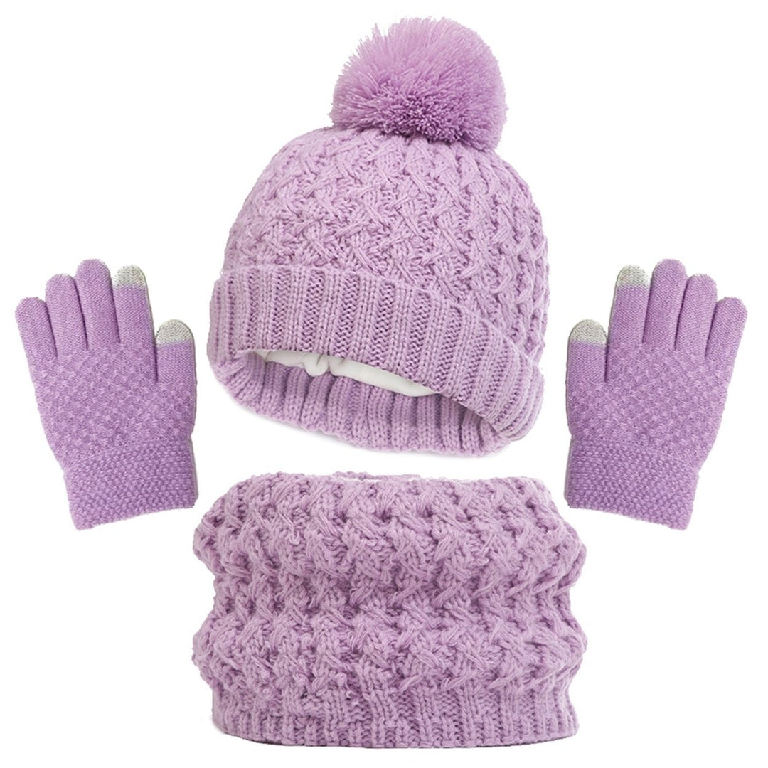 3Pcs/Set Winter Children Plush Ball Decor Knitted Beanie Hat Fleece Lining Scarf Thickened Gloves Set Girls Boys Warm Image 4