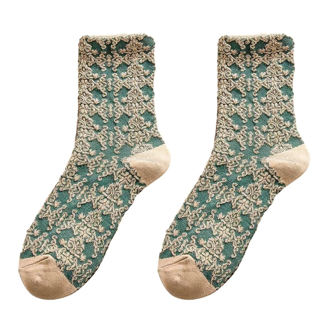 1 Pair Women Autumn Winter Tube Socks Retro Palace Style Embossed Jacquard Design Elastic Warm Mid-tube Holiday Socks Image 1