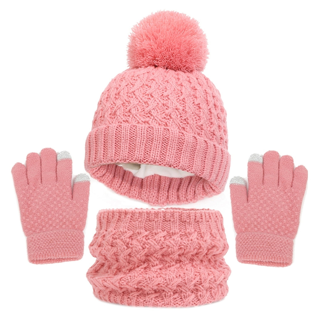 3Pcs/Set Winter Children Plush Ball Decor Knitted Beanie Hat Fleece Lining Scarf Thickened Gloves Set Girls Boys Warm Image 6