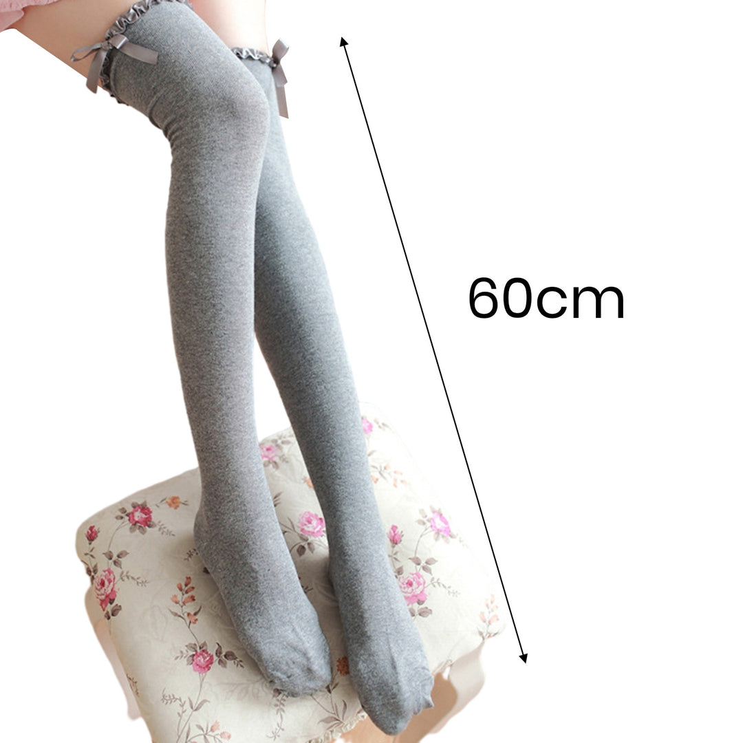 1 Pair Women Wave Trim Bowknot Decor Long Stockings High Elastic Warm Over Knee Solid Color Thigh Socks Image 8