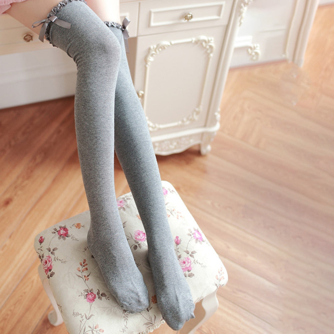 1 Pair Women Wave Trim Bowknot Decor Long Stockings High Elastic Warm Over Knee Solid Color Thigh Socks Image 11