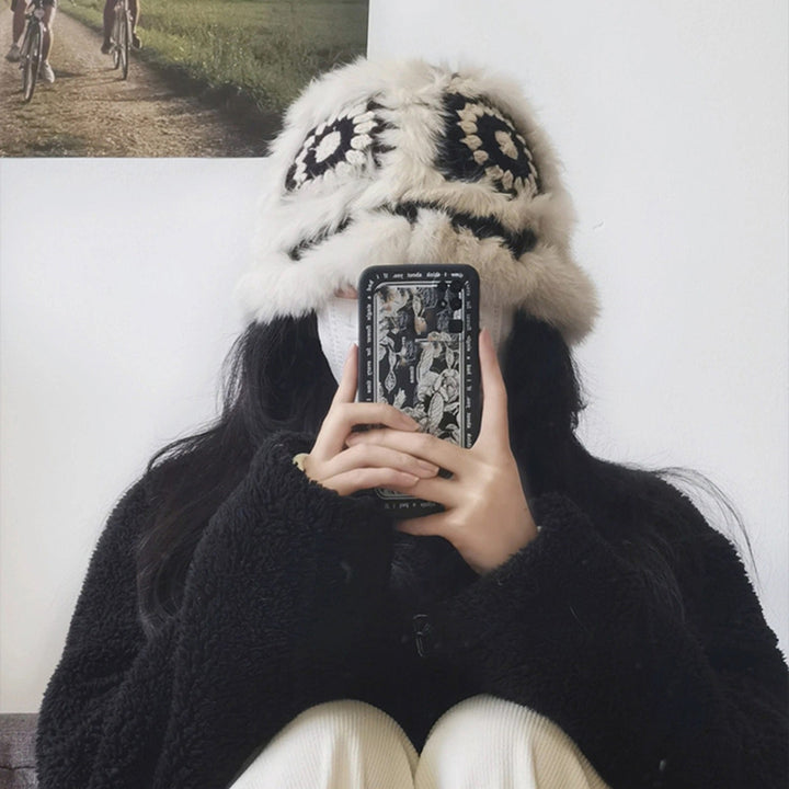 Women Autumn Winter Cute Handmade Knitting Plush Hat Tiger Head Shape Imitation Rabbit faux Trim Cute Woolen Hat Image 9