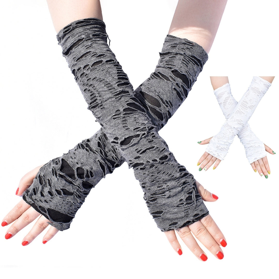 1 Pair Thumbhole Design Long Halloween Fingerless Gloves Casual Ripped Holes Decor Adult Cosplay Gloves Punk Style Arm Image 1