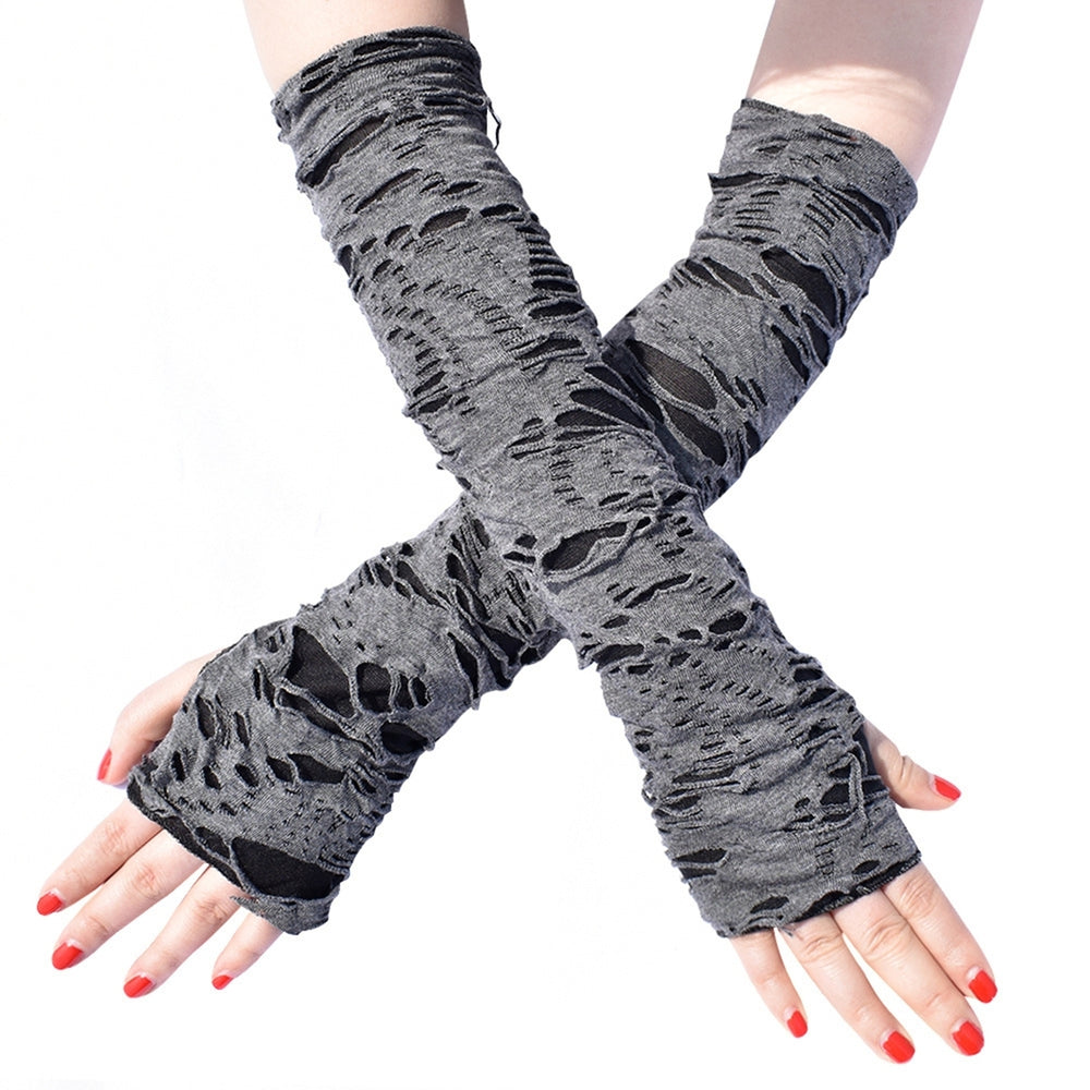 1 Pair Thumbhole Design Long Halloween Fingerless Gloves Casual Ripped Holes Decor Adult Cosplay Gloves Punk Style Arm Image 2