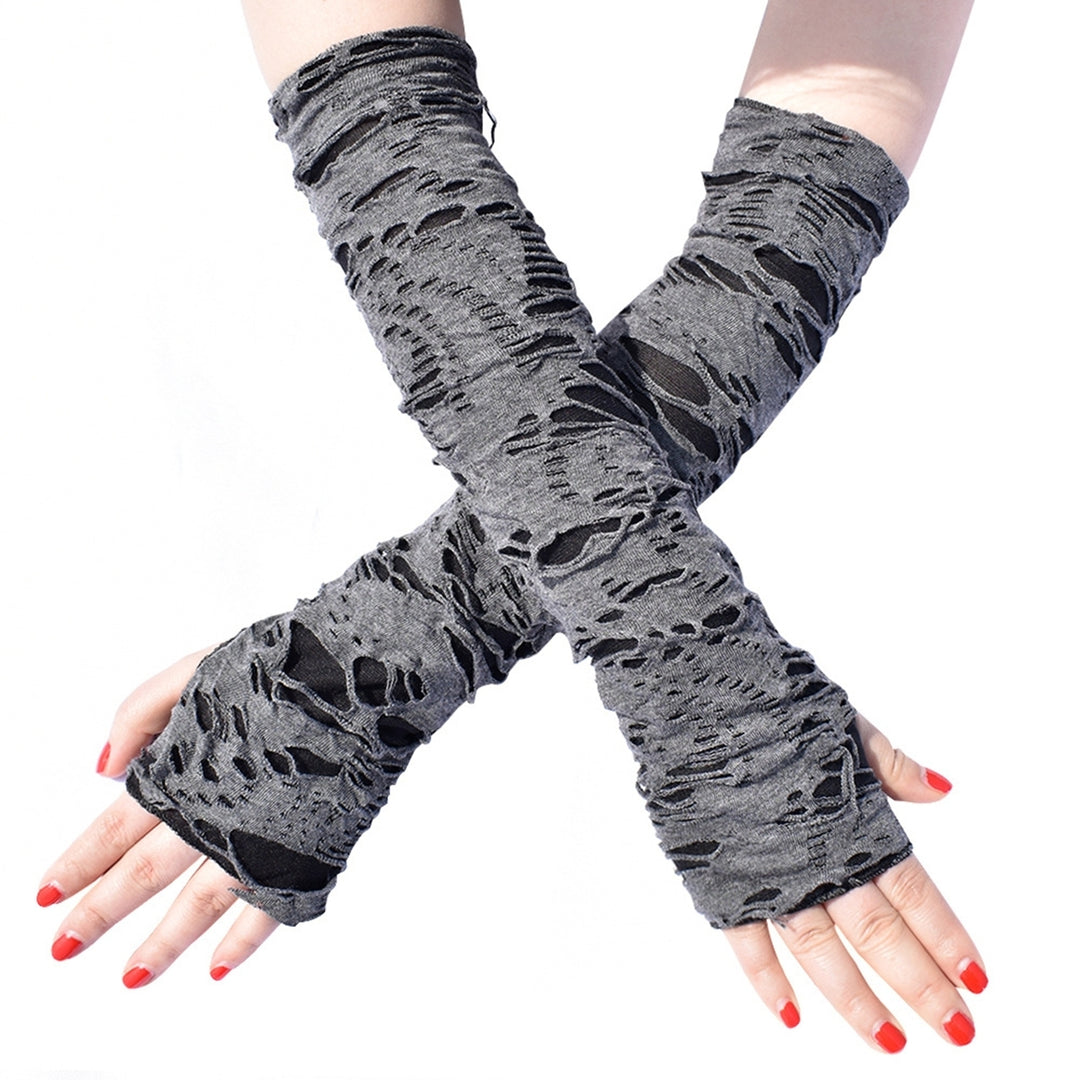 1 Pair Thumbhole Design Long Halloween Fingerless Gloves Casual Ripped Holes Decor Adult Cosplay Gloves Punk Style Arm Image 2