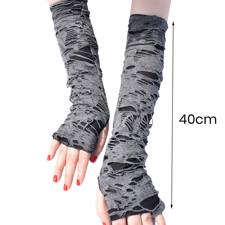 1 Pair Thumbhole Design Long Halloween Fingerless Gloves Casual Ripped Holes Decor Adult Cosplay Gloves Punk Style Arm Image 7