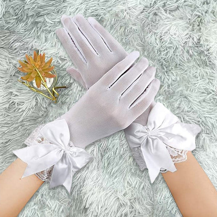 1 Pair Bridal Wedding Dress Gloves Bowknot Decor Mesh Lace Splicing Cuffs Performance Gloves Marriage Party Accessories Image 3