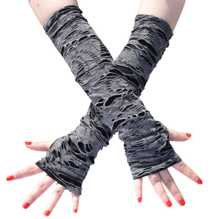 1 Pair Thumbhole Design Long Halloween Fingerless Gloves Casual Ripped Holes Decor Adult Cosplay Gloves Punk Style Arm Image 10
