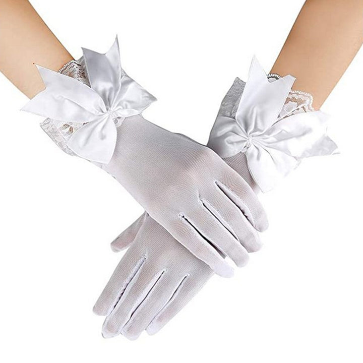 1 Pair Bridal Wedding Dress Gloves Bowknot Decor Mesh Lace Splicing Cuffs Performance Gloves Marriage Party Accessories Image 4