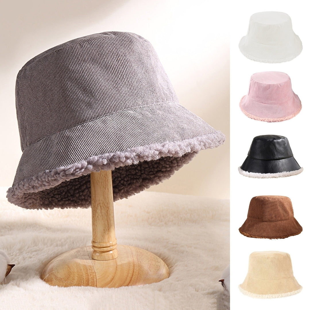 Winter Bucket Hat Cozy Faux Lambswool Double-sided Reversible Thickened Fleece Solid Color Keep Warm Fisherman Hat Image 1