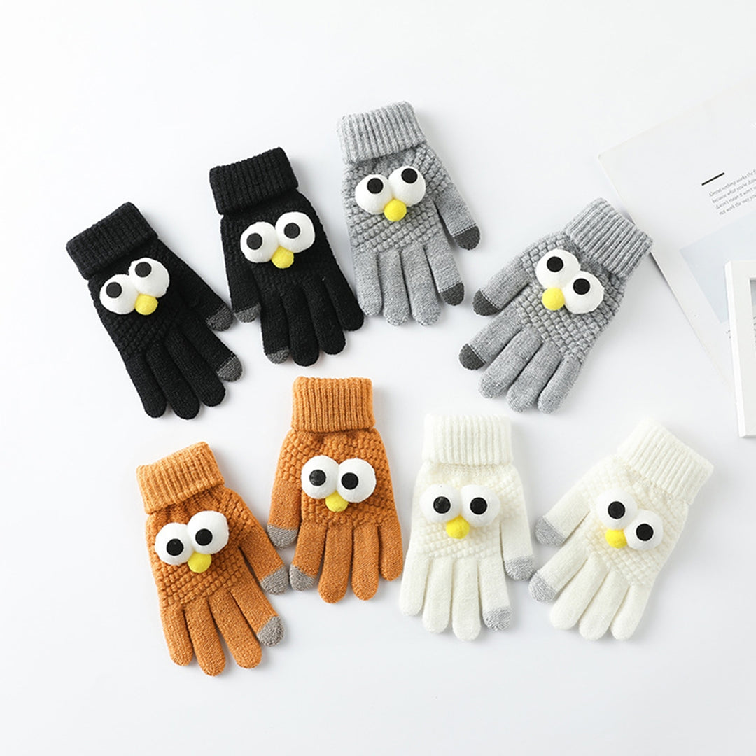 1 Pair Winter Gloves Touch Screen Unisex Full Finger Cartoon Eyes Decor Knitted Elastic Thick Soft Image 8