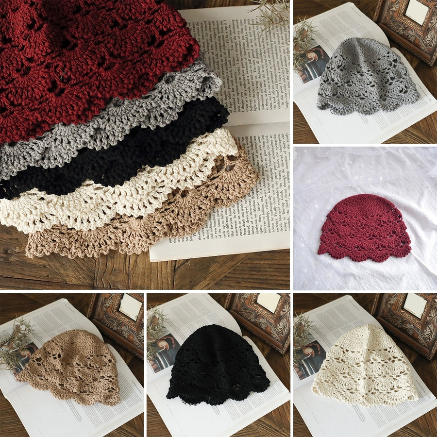 Ladies Hat Hollow Out Lace Soft Manual Crochet Knitted Soft Elastic Solid Color Breathable Decorative Women Beanie Image 1