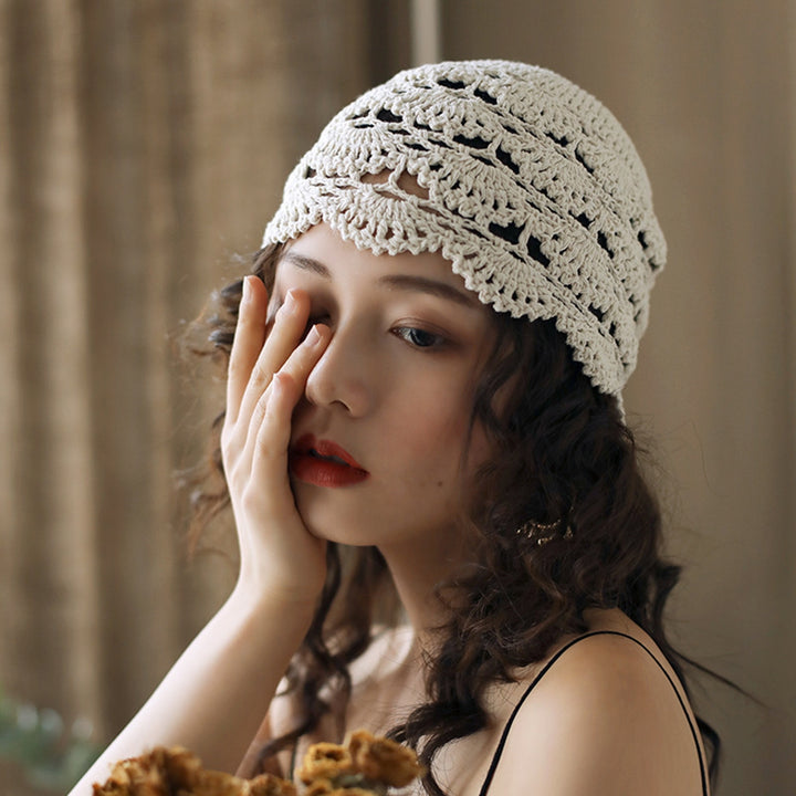 Ladies Hat Hollow Out Lace Soft Manual Crochet Knitted Soft Elastic Solid Color Breathable Decorative Women Beanie Image 7