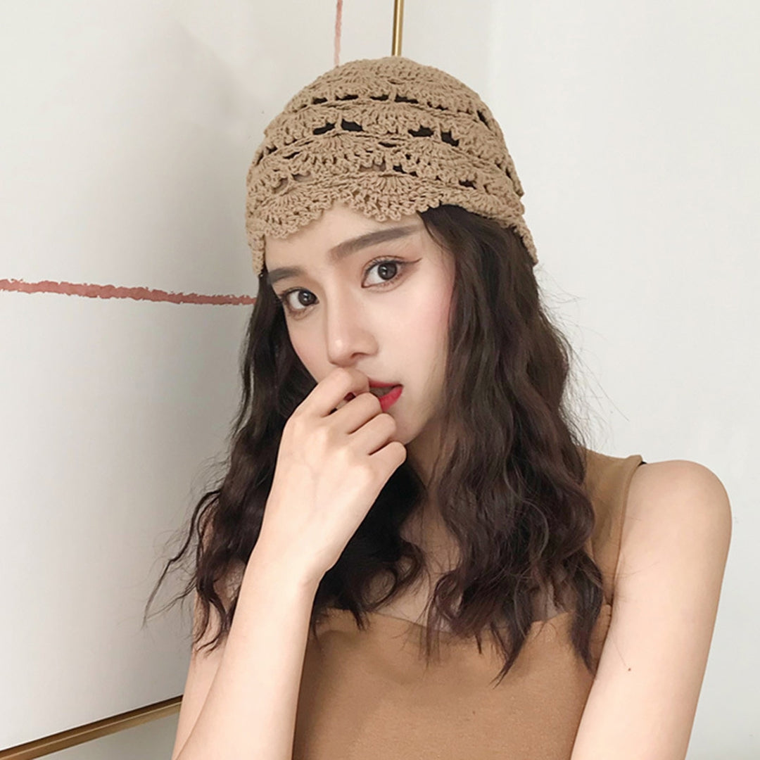 Ladies Hat Hollow Out Lace Soft Manual Crochet Knitted Soft Elastic Solid Color Breathable Decorative Women Beanie Image 8