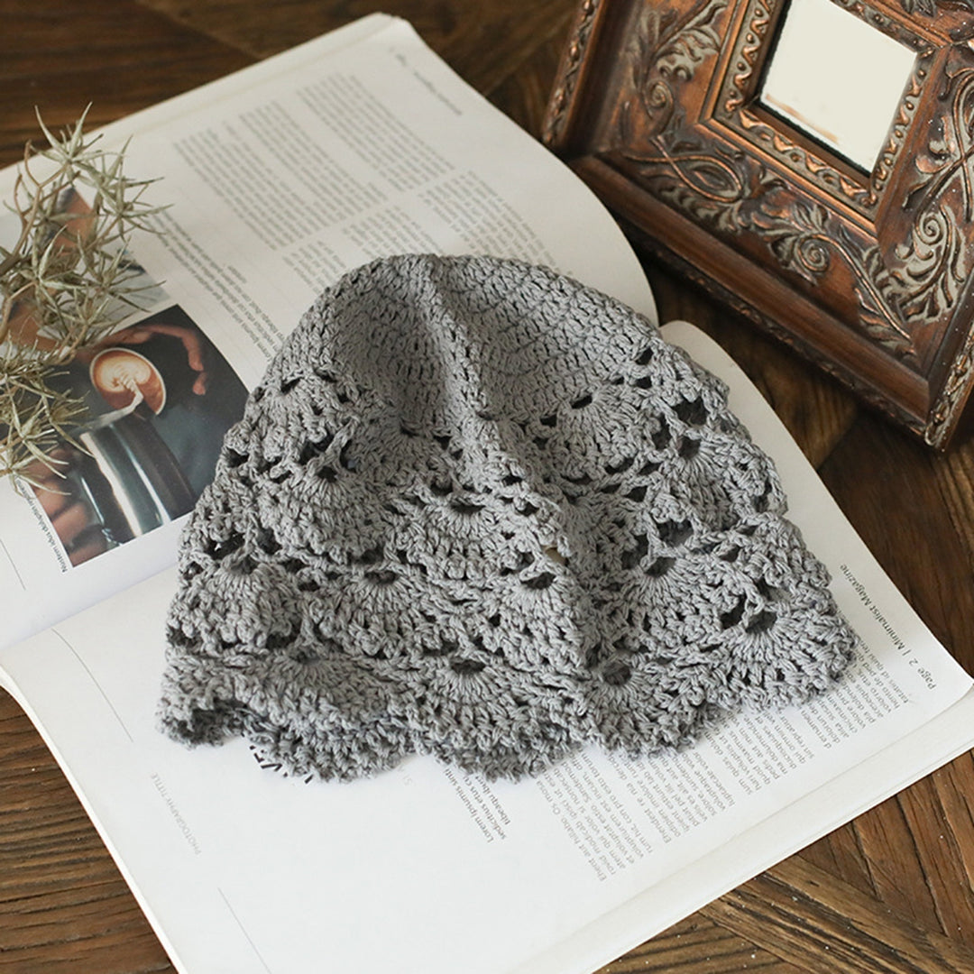 Ladies Hat Hollow Out Lace Soft Manual Crochet Knitted Soft Elastic Solid Color Breathable Decorative Women Beanie Image 9