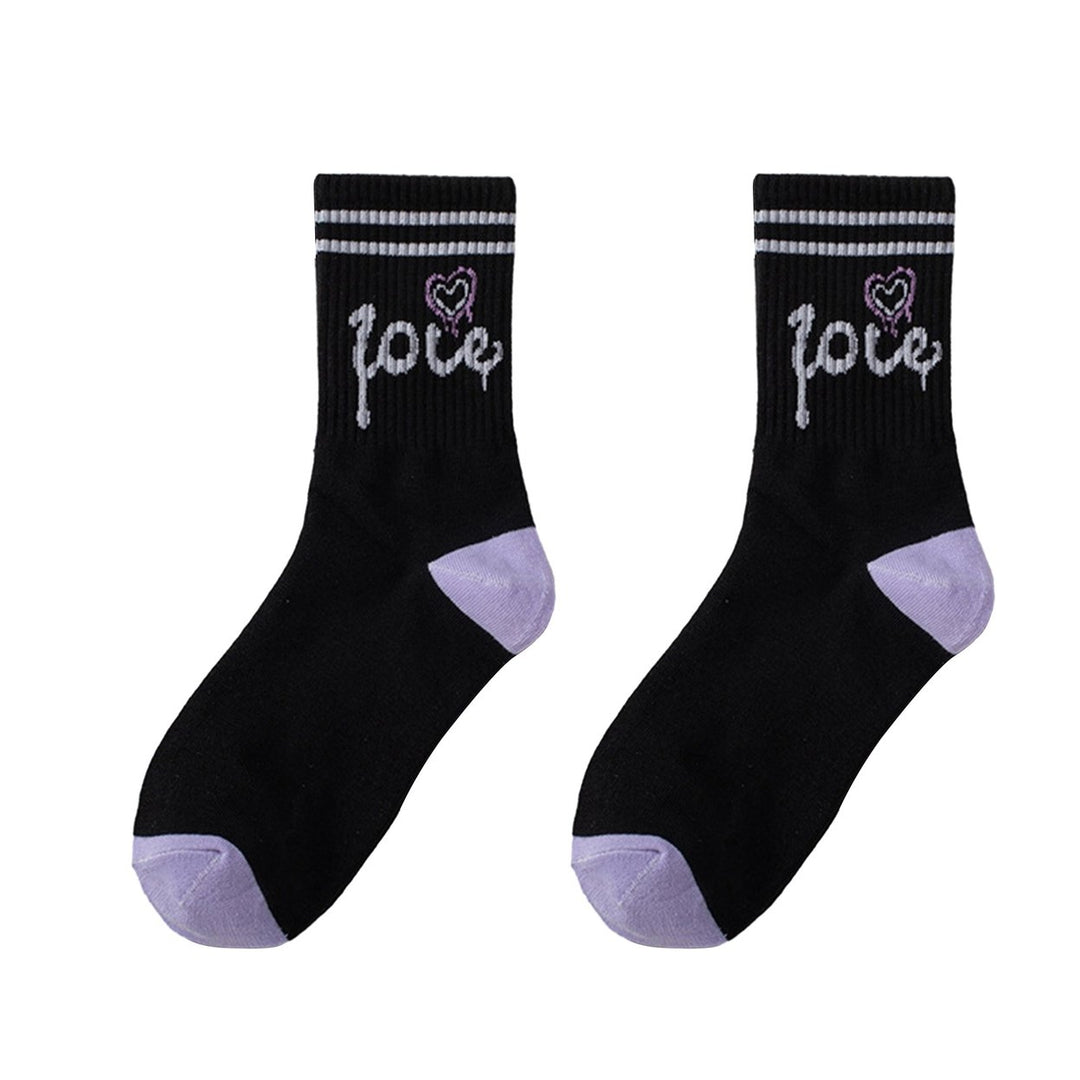 1 Pair Women Socks Mid-tube Heart Print Color Matching Striped Texture Anti-slip Soft Breathable No Odor Thin Sweat Image 1