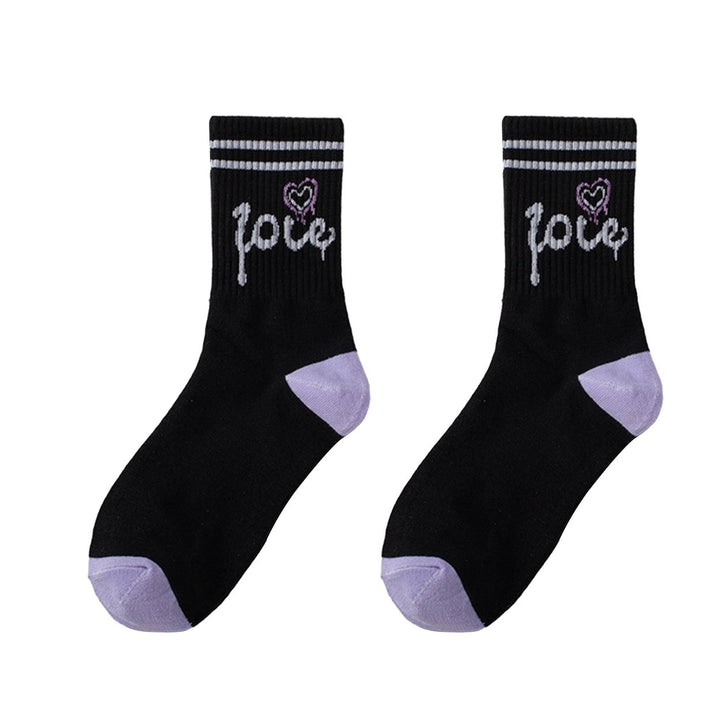 1 Pair Women Socks Mid-tube Heart Print Color Matching Striped Texture Anti-slip Soft Breathable No Odor Thin Sweat Image 1