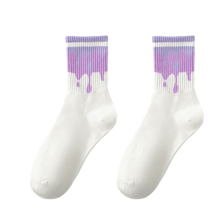 1 Pair Women Socks Mid-tube Heart Print Color Matching Striped Texture Anti-slip Soft Breathable No Odor Thin Sweat Image 3