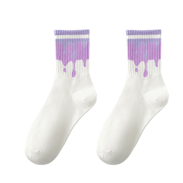 1 Pair Women Socks Mid-tube Heart Print Color Matching Striped Texture Anti-slip Soft Breathable No Odor Thin Sweat Image 1