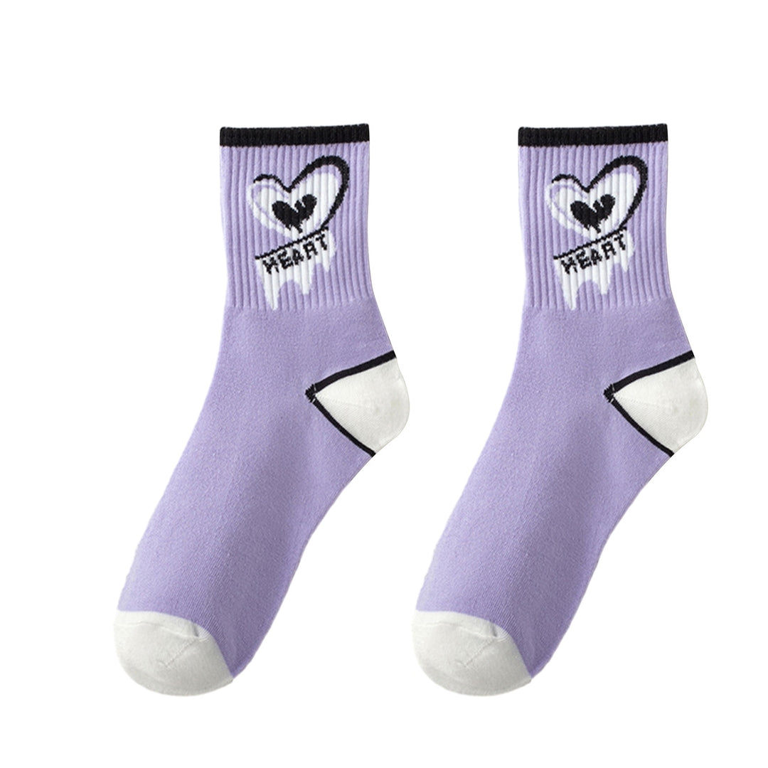 1 Pair Women Socks Mid-tube Heart Print Color Matching Striped Texture Anti-slip Soft Breathable No Odor Thin Sweat Image 4