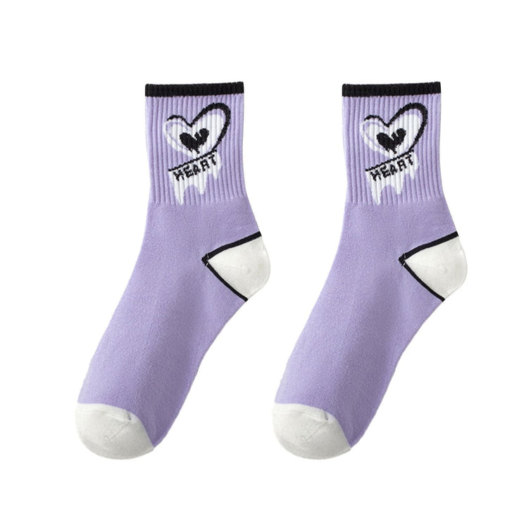 1 Pair Women Socks Mid-tube Heart Print Color Matching Striped Texture Anti-slip Soft Breathable No Odor Thin Sweat Image 1