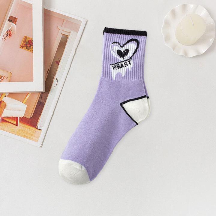 1 Pair Women Socks Mid-tube Heart Print Color Matching Striped Texture Anti-slip Soft Breathable No Odor Thin Sweat Image 7