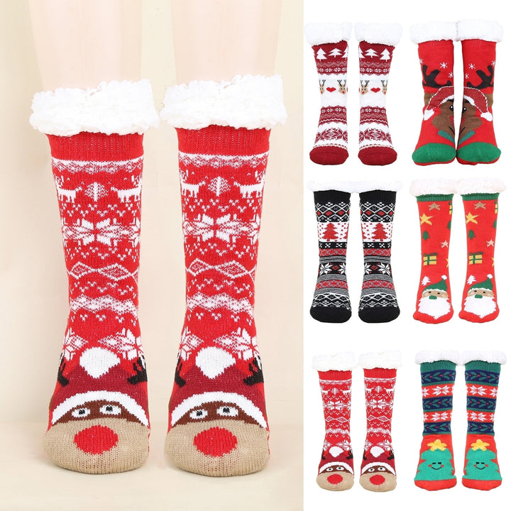 1 Pair Autumn Winter Women Christmas Tree Deer Snowflake Print Floor Socks Mid-tube Thickened Fleece Lining Indoor Sleep Image 1