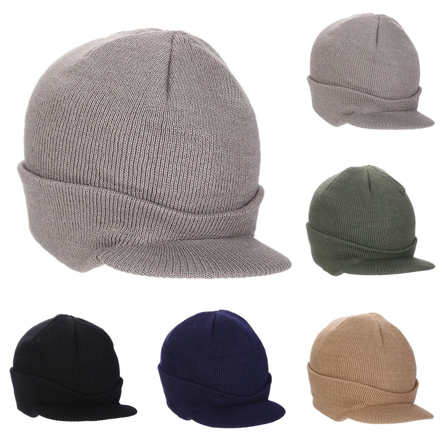 Men Autumn Winter Solid Color Knitting Baseball Hat Extended Brim Thickened Warm Skiing Hat Fashion Accessories Image 1