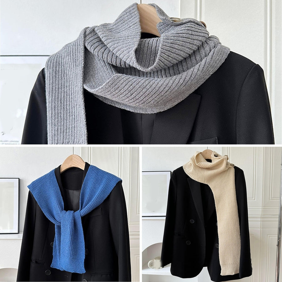 Women Solid Color Neck Guard Knotted Scarf Long Lace-up Knitted Warm Shawl Winter Buttons Closure Wool Blouse Shoulders Image 1