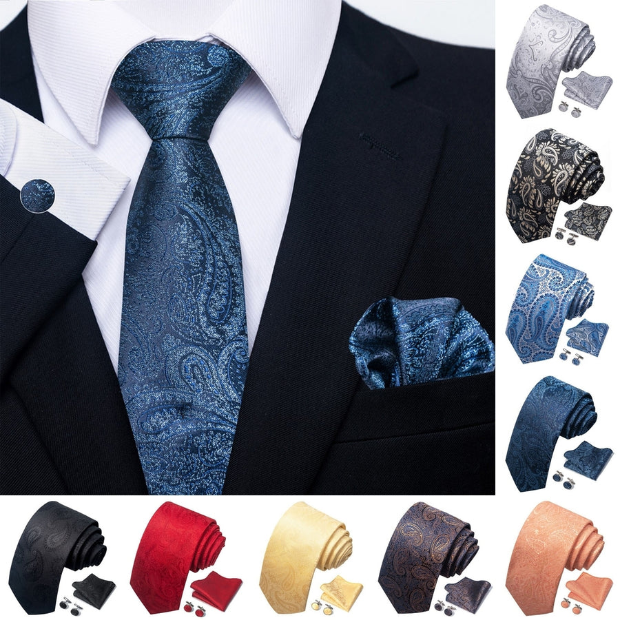 3Pcs/Set Men Solid Color Jacquard Design Tie Pocket Scarf Cufflinks Set Vibrant Color Wedding Work Holiday Party Suit Image 1