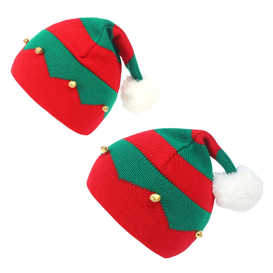 Autumn Winter Classic Red Green Splicing Santa Hat Plush Ball Bells Decor Knitted Woolen Hat Parent-child Christmas Image 1