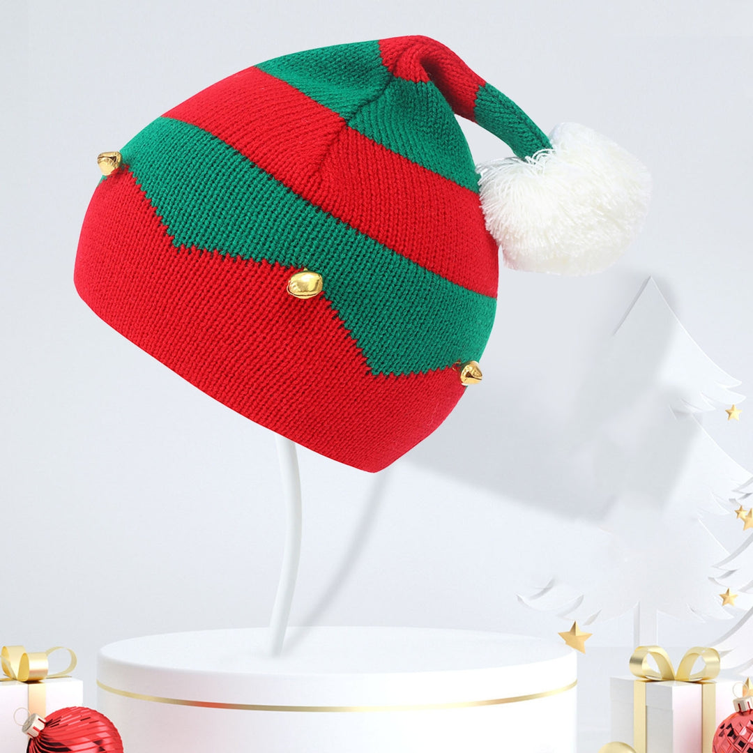 Autumn Winter Classic Red Green Splicing Santa Hat Plush Ball Bells Decor Knitted Woolen Hat Parent-child Christmas Image 2