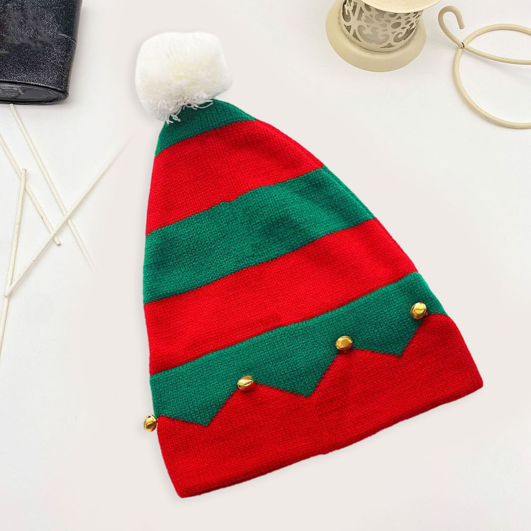 Autumn Winter Classic Red Green Splicing Santa Hat Plush Ball Bells Decor Knitted Woolen Hat Parent-child Christmas Image 3