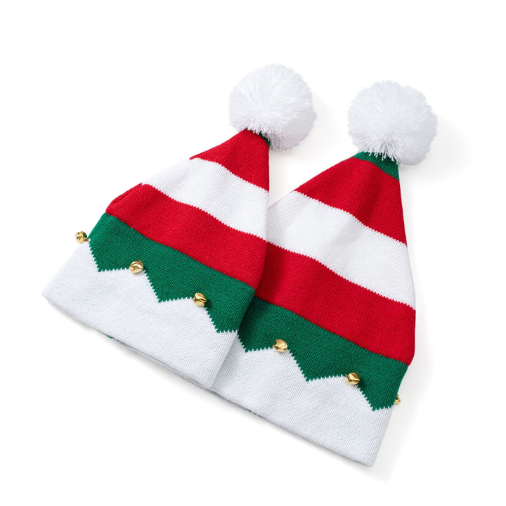 Autumn Winter Classic Red Green Splicing Santa Hat Plush Ball Bells Decor Knitted Woolen Hat Parent-child Christmas Image 7