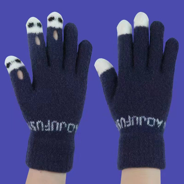 1 Pair Winter Gloves Cold Resistant Knit Thick Unisex Hollow Funny Cartoon Face Touch Screen Color Image 11