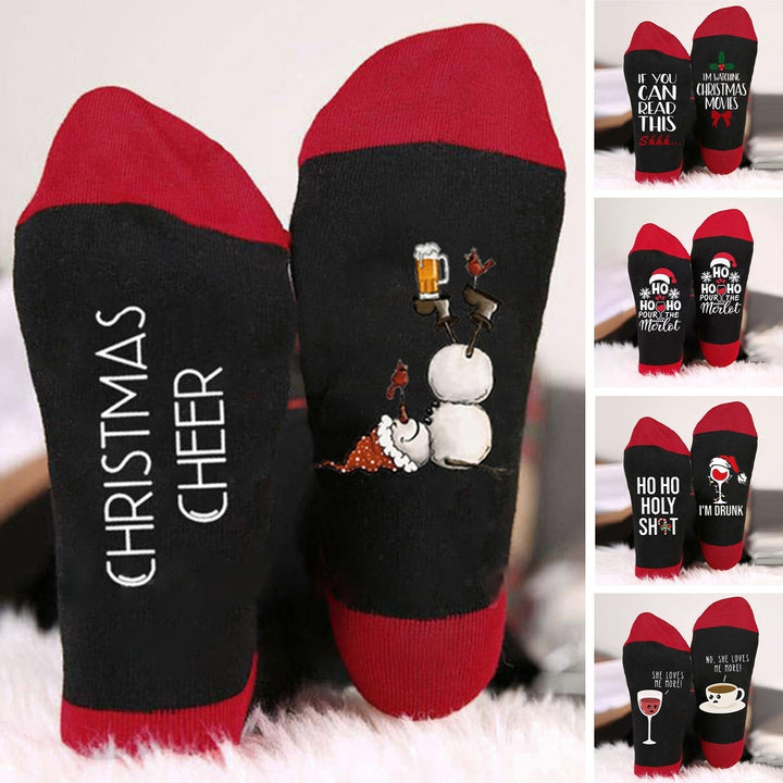 1 Pair Festive Christmas Socks Cute Snowman Bowknot Letters Print Mid Tube Winter Socks Holiday Gift Image 1