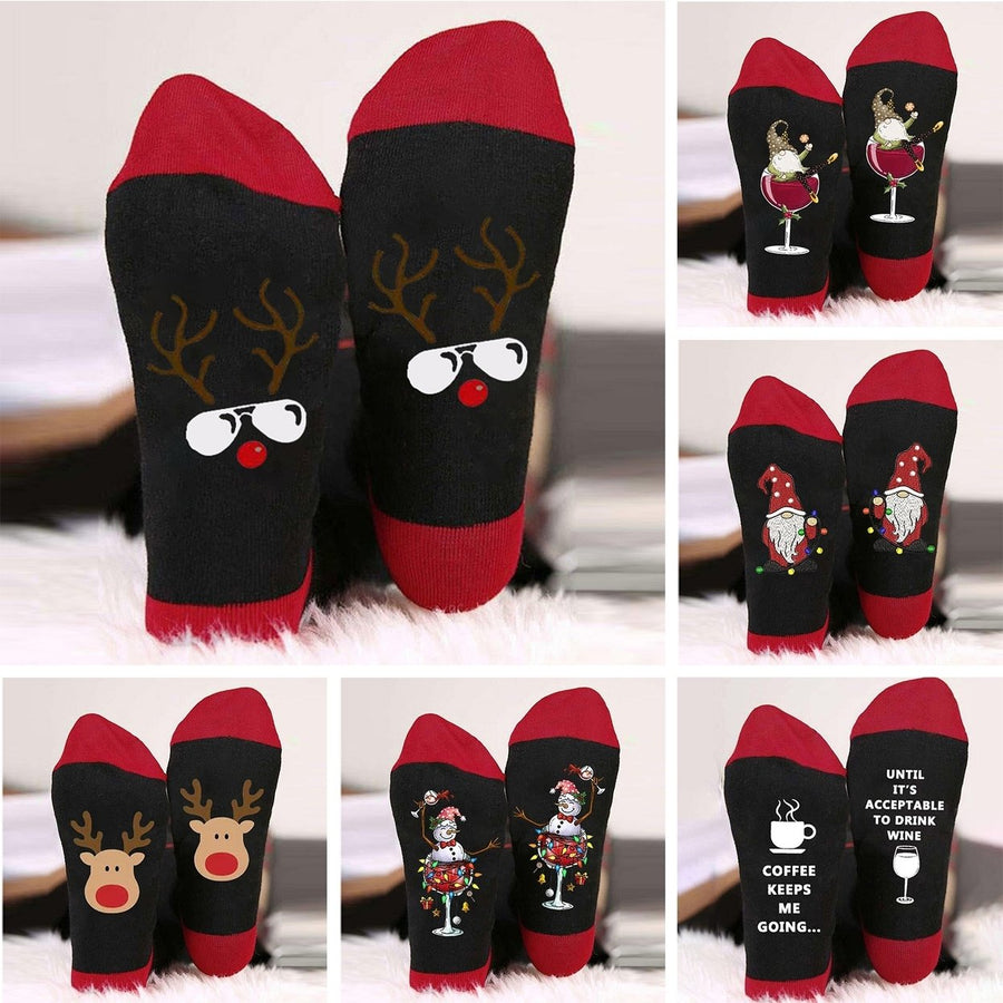 1 Pair Autumn Winter Women Men Mid-tube Socks Santa Claus Deer Snowman Wine Cup Pattern Color Block Long Socks Christmas Image 1