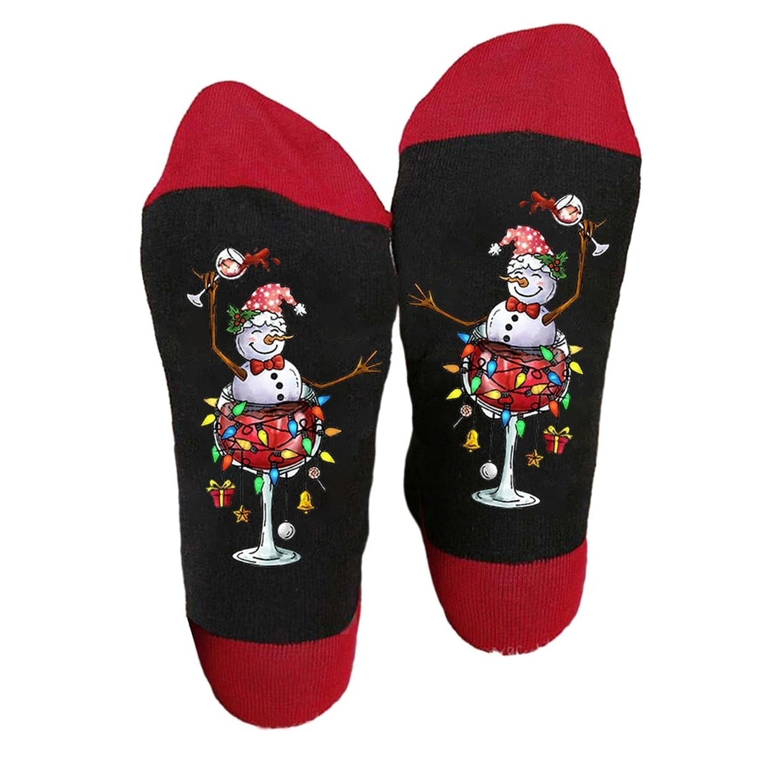 1 Pair Autumn Winter Women Men Mid-tube Socks Santa Claus Deer Snowman Wine Cup Pattern Color Block Long Socks Christmas Image 1