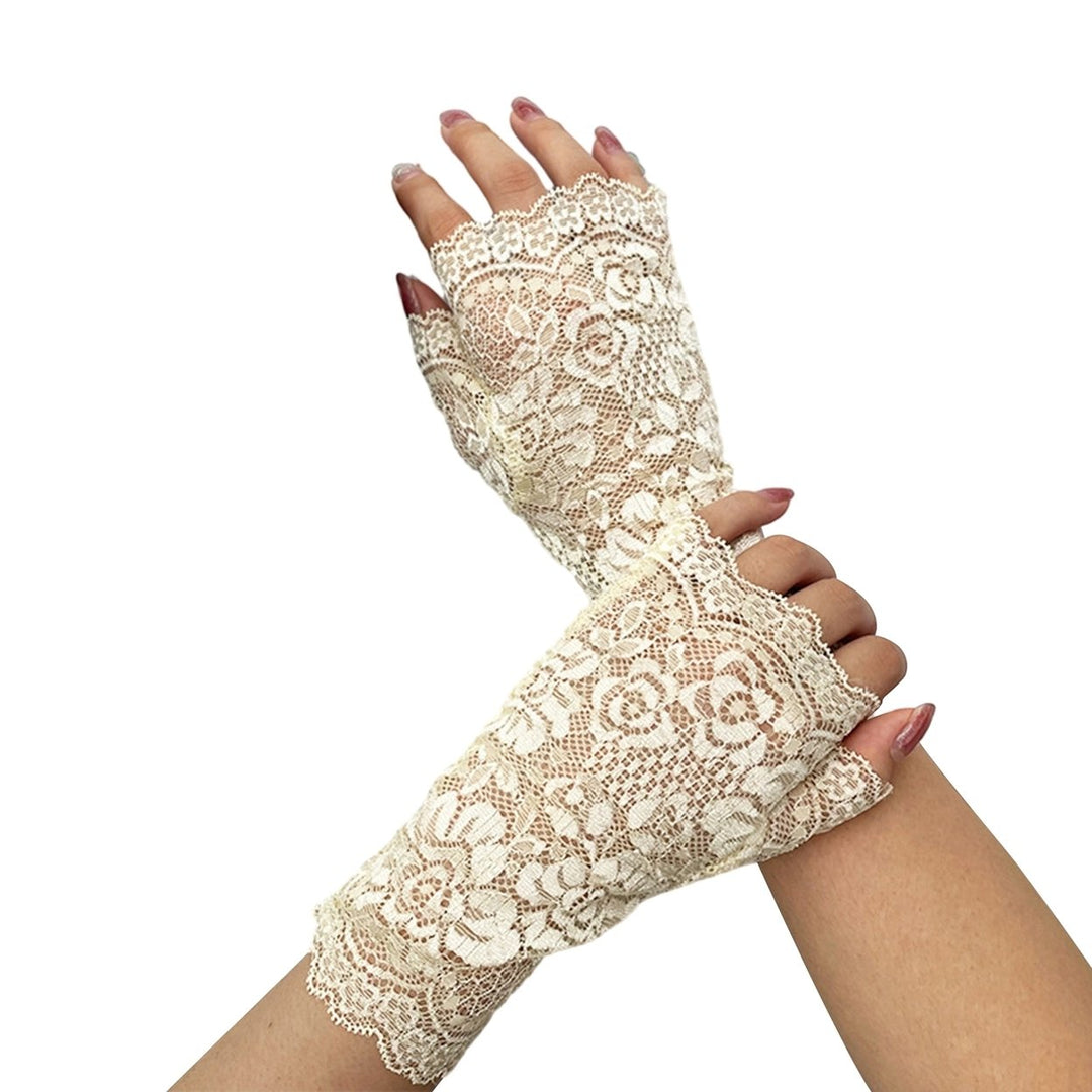 1 Pair Gloves Half Fingers Lace See-through Hollow Out Flower Embroidery Solid Color Elastic Bride Wedding Prom Party Image 1