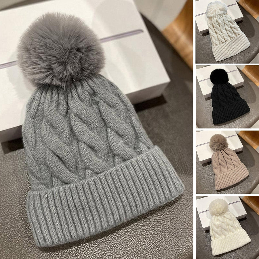 Women Winter Hat Knitted Thick Solid Color Plush Ball Soft Windproof Heatn Retention Twisted Texture Elastic No Brim Image 1