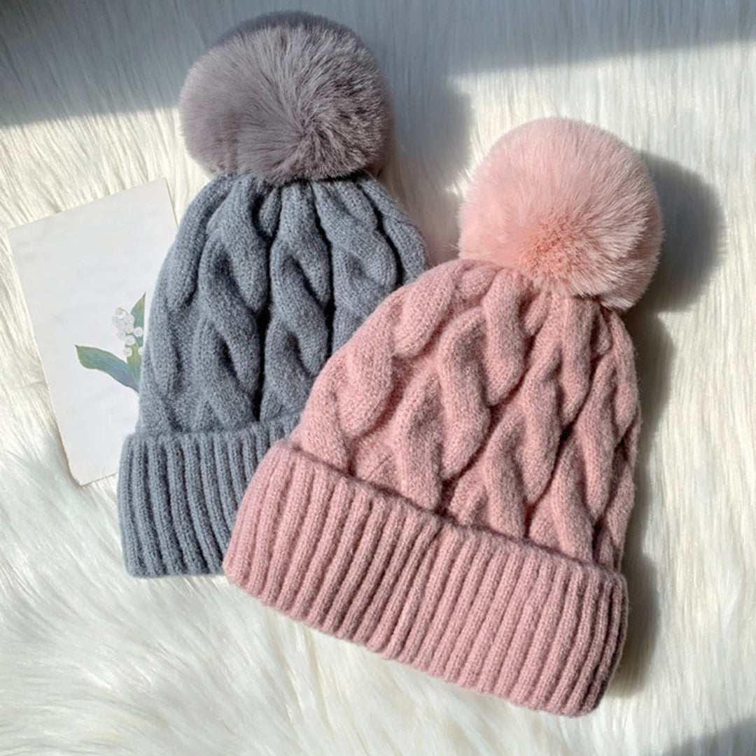 Women Winter Hat Knitted Thick Solid Color Plush Ball Soft Windproof Heatn Retention Twisted Texture Elastic No Brim Image 8