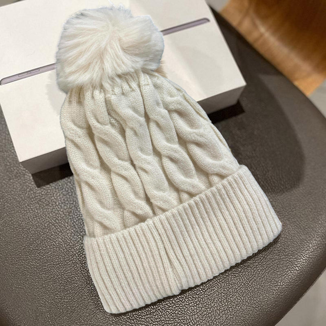 Women Winter Hat Knitted Thick Solid Color Plush Ball Soft Windproof Heatn Retention Twisted Texture Elastic No Brim Image 9