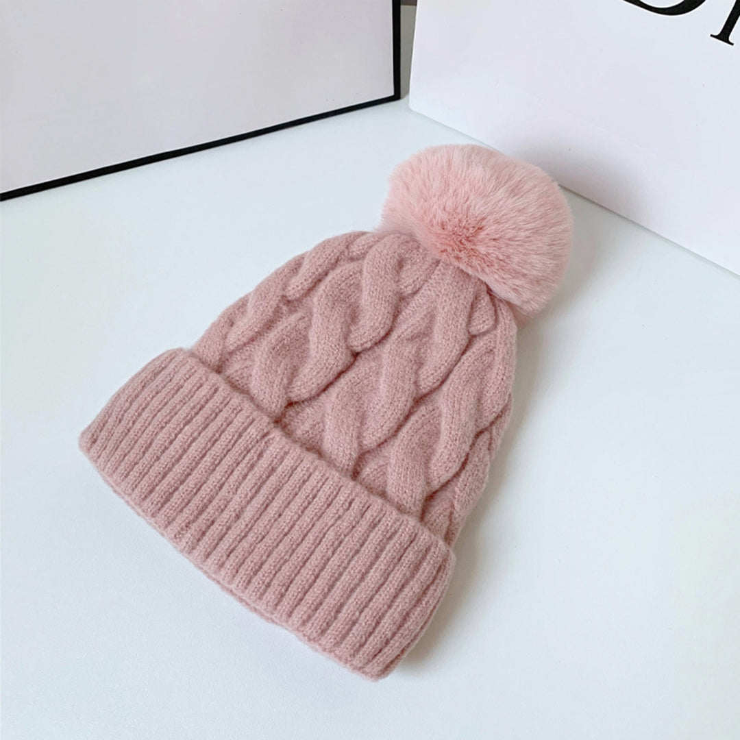 Women Winter Hat Knitted Thick Solid Color Plush Ball Soft Windproof Heatn Retention Twisted Texture Elastic No Brim Image 10