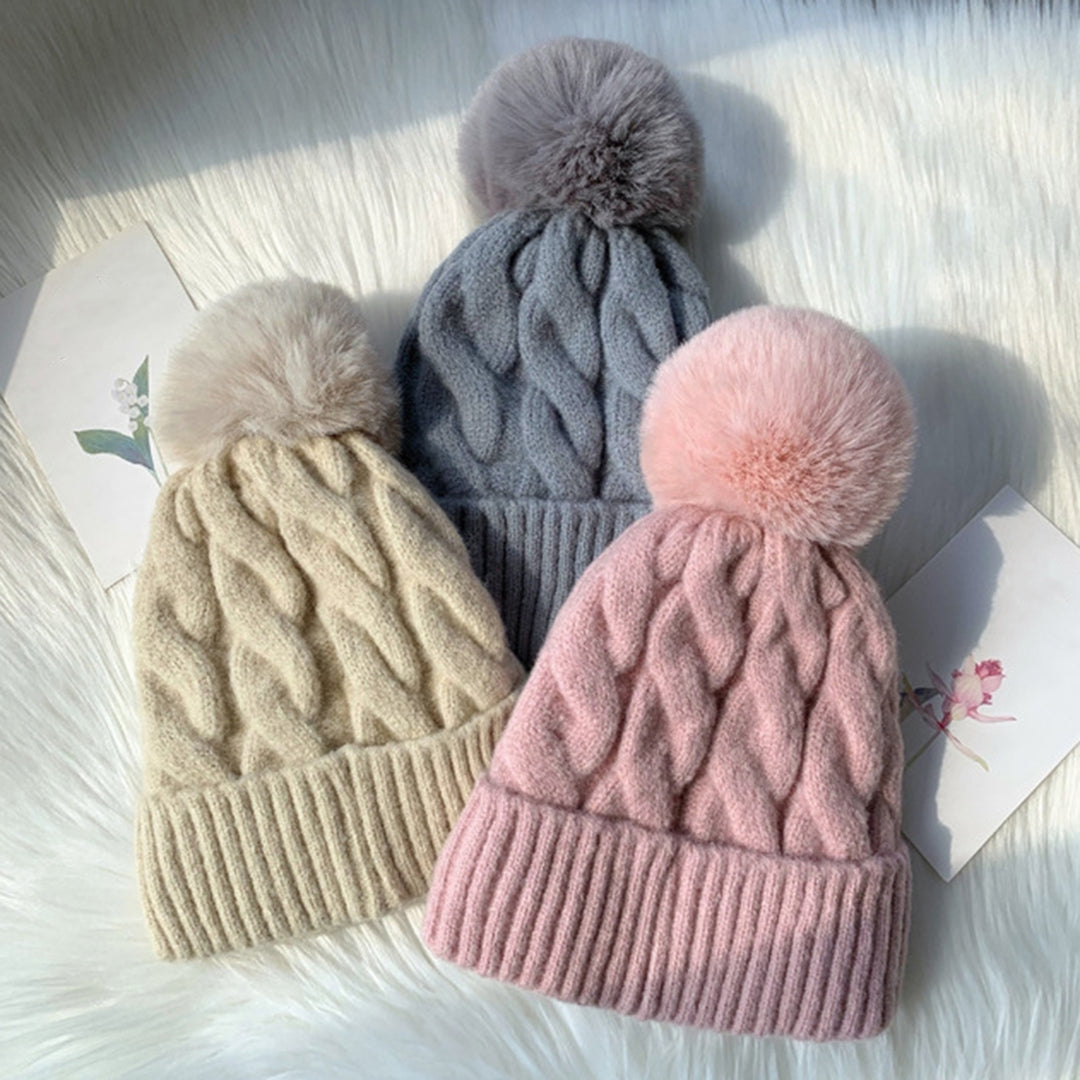 Women Winter Hat Knitted Thick Solid Color Plush Ball Soft Windproof Heatn Retention Twisted Texture Elastic No Brim Image 12