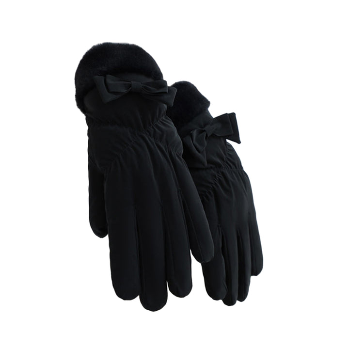 1 Pair Winter Women Plush Cuffs Gloves Bowknot Decor Windproof Coldproof Touch Screen Driving Warm Riding Gloves Image 2