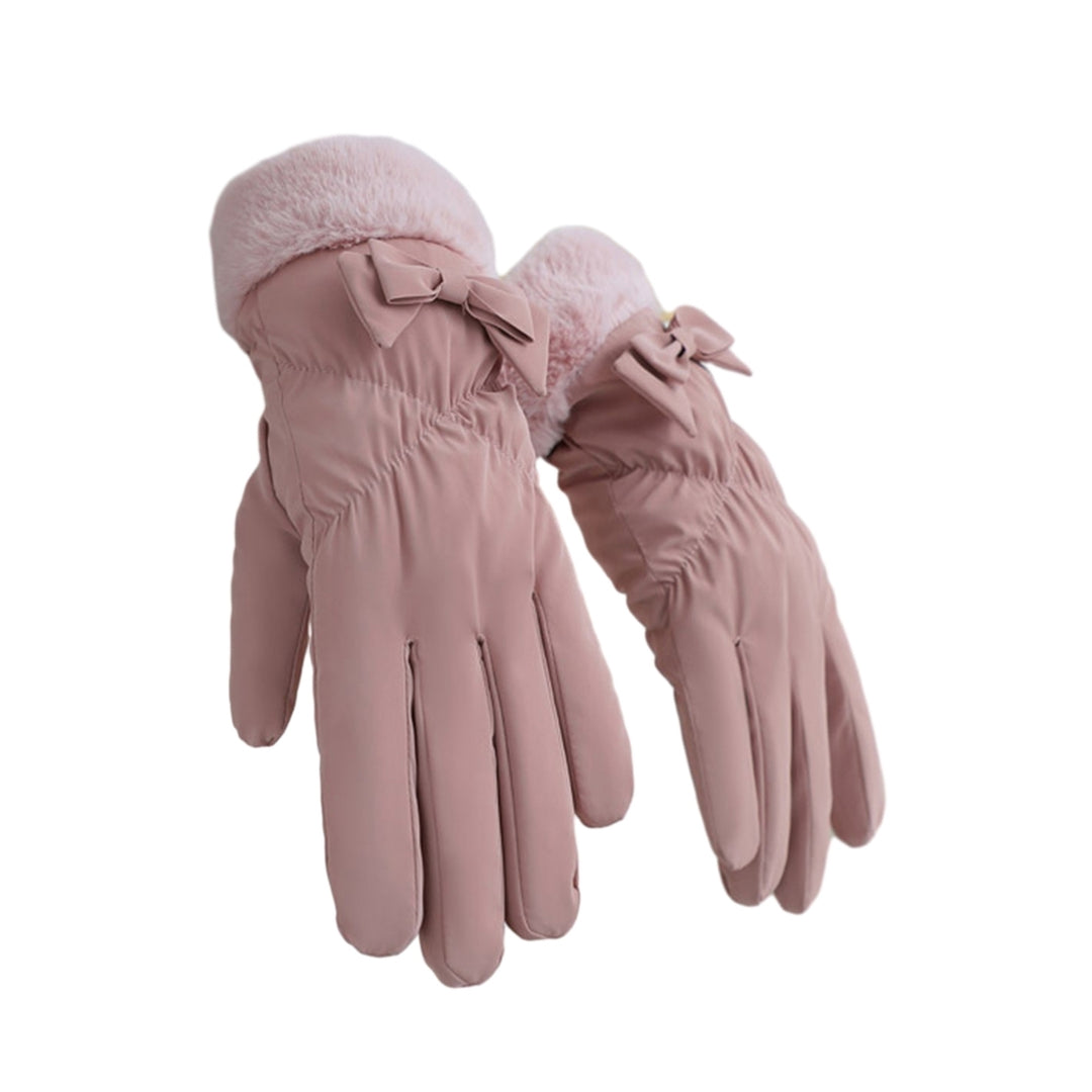 1 Pair Winter Women Plush Cuffs Gloves Bowknot Decor Windproof Coldproof Touch Screen Driving Warm Riding Gloves Image 4
