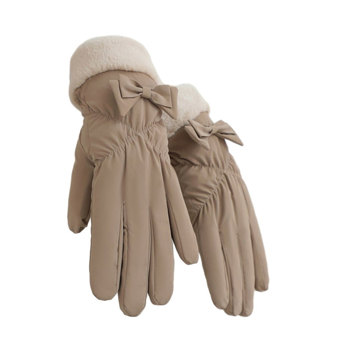 1 Pair Winter Women Plush Cuffs Gloves Bowknot Decor Windproof Coldproof Touch Screen Driving Warm Riding Gloves Image 1