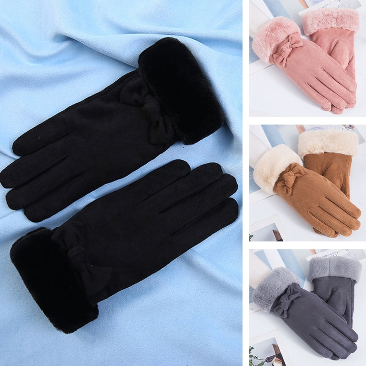 1 Pair Women Winter Gloves Thickened Plush Soft Five Fingers Bow Decor Solid Color Windproof Heat Retention Cycling Image 1