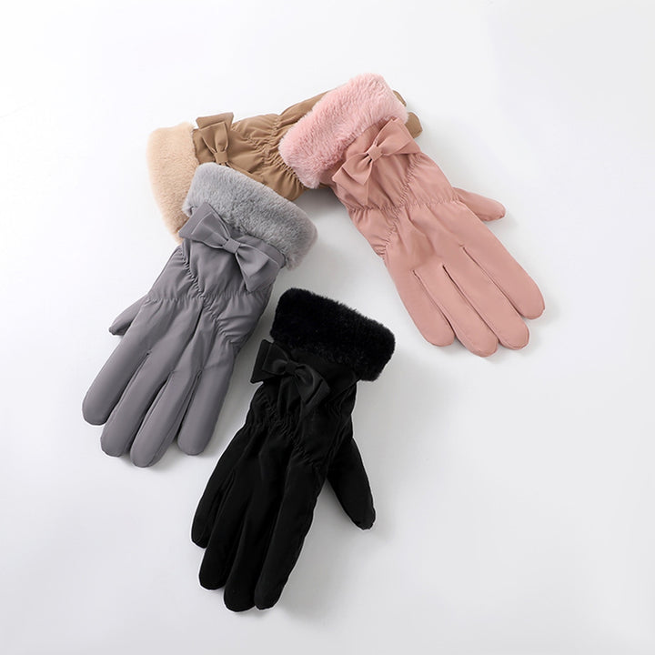1 Pair Winter Women Plush Cuffs Gloves Bowknot Decor Windproof Coldproof Touch Screen Driving Warm Riding Gloves Image 11